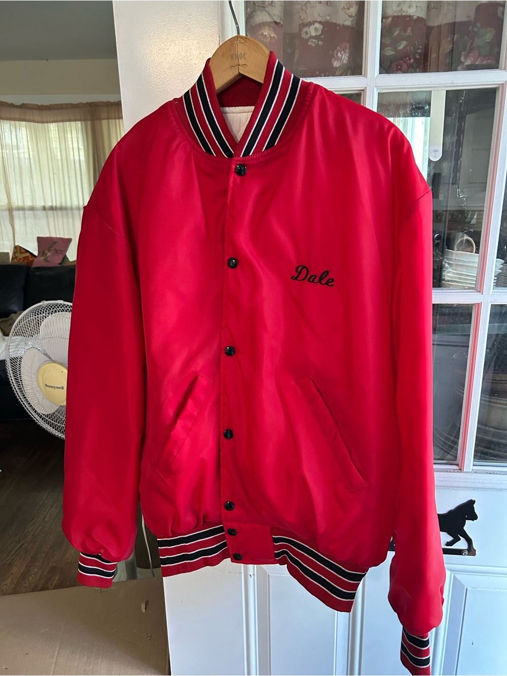 Vintage 1997 Men's Red Embroidered Name Bomber Jacket, snap front two pockets